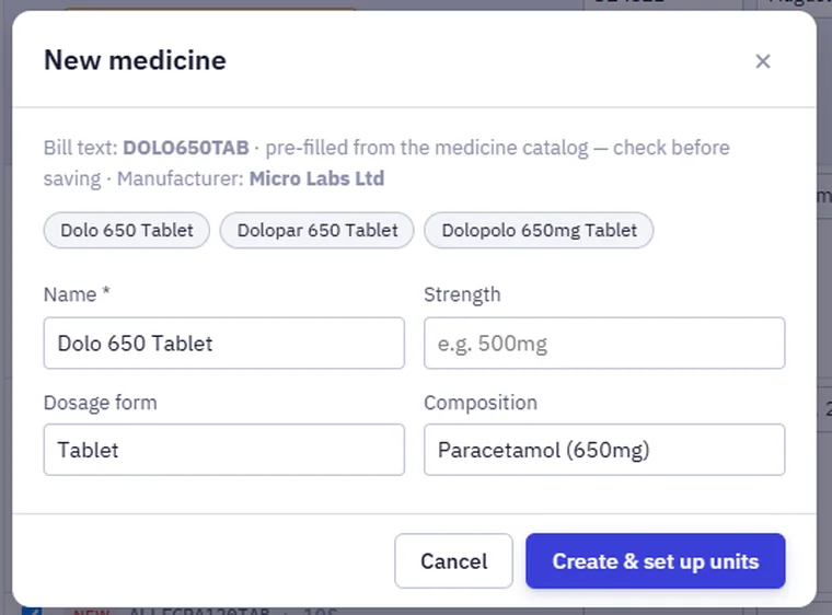 A new medicine from a supplier bill, filled in from the medicine list