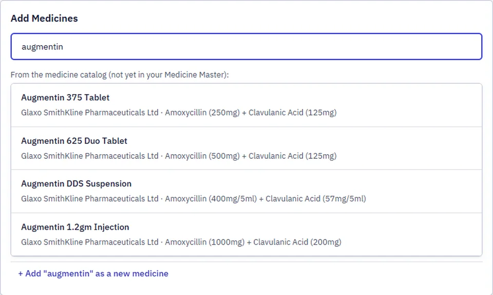 Typing augmentin shows every Augmentin from the built-in medicine list, with manufacturer and composition