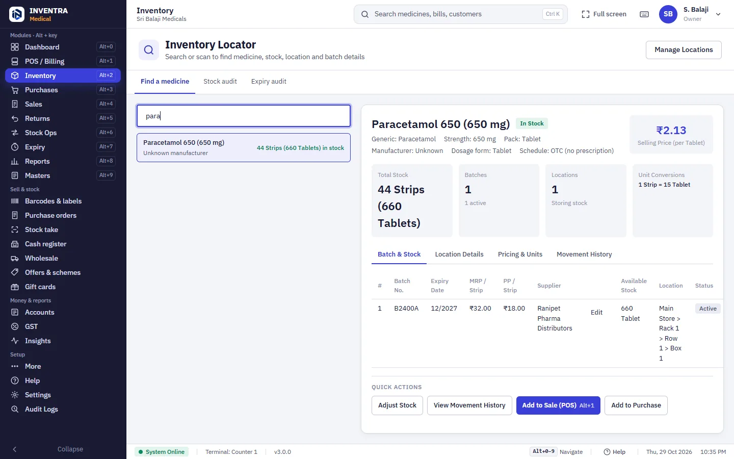INVENTRA Medical — Rack, row and box for every medicine